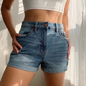 Women's High-Rise Washed Blue Denim Shorts with Rolled Hem